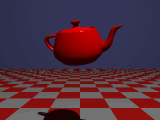 Image of a ray traced teapot floating over a checkerboard. A stereotypical ray tracing scene.